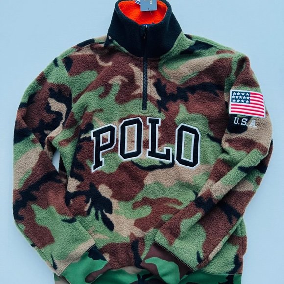 Polo Ralph Lauren Other - Polo Ralph Lauren Polar Fleece Logo Camo 3/4 Zip Flag Patch Sweatshirt ( S )